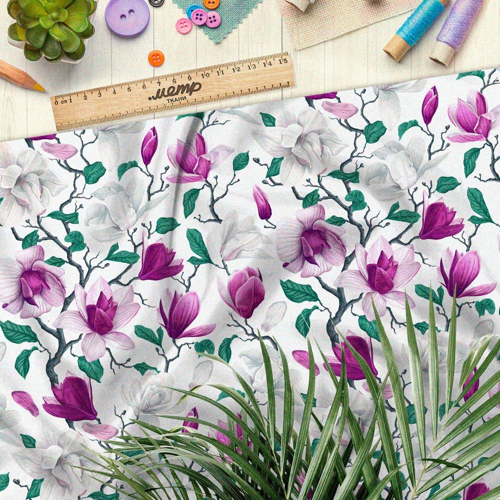 Ткань таффета яркие цветы на искривлённых веточках