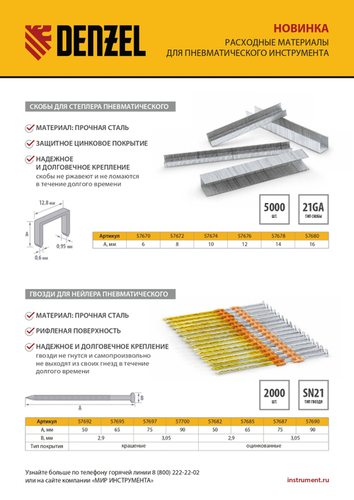 Гвозди для пнев. нейлера (крашен.), длина - 50 мм, диам. - 2,9 мм, 2000 шт.// Denzel