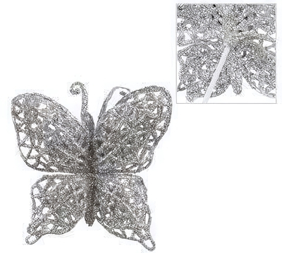 Украшение на елку Бабочка 6*8 см, серебро.