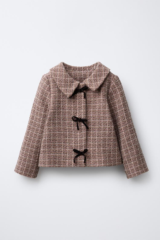 ZARA КУРТКА ИЗ РЕЛЬЕФНОЙ ТКАНИ В КЛЕТКУ С БАРХАТНЫМИ БАНТАМИ, ПАСТЕЛЬНО-РОЗОВЫЙ