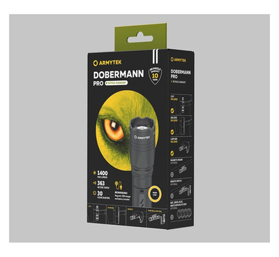 Фонарь тактический Armytek Dobermann Pro Magnet USB, XHP35.2 HI Теплый, 1400 лм, 1x18650 (в комплекте)