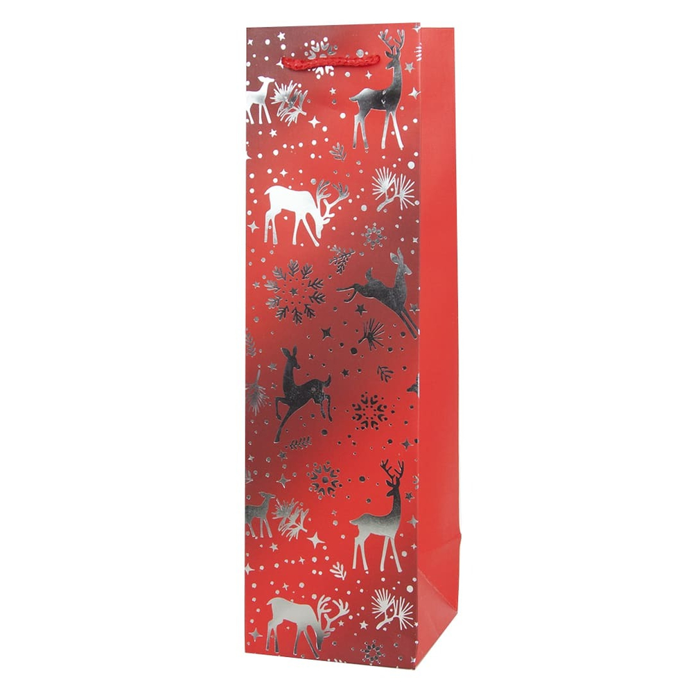 Пакет подарочный для вина, Крафт, Новогодний, Дизайн №3, КрасныйМеталлик 38*11*11 см.