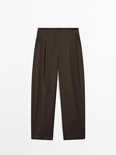 Massimo Dutti Брюки с широкими штанинами и вытачками из 100% шерсти - STUDIO, коричневый