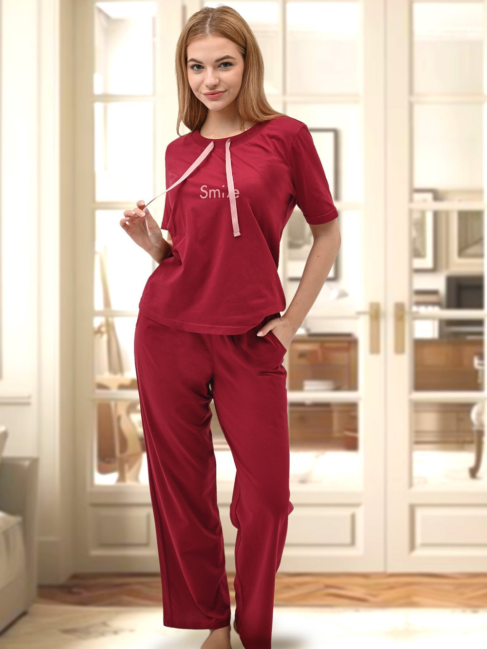 Брючная пижама Smile с завязками цвет бордовый