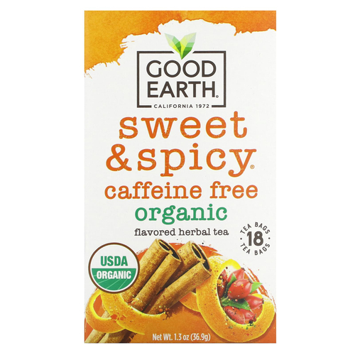 Good Earth Teas, органический травяной чай, сладкий и пряный, без кофеина, 18 чайных пакетиков, 36,9 г (1,3 унции)