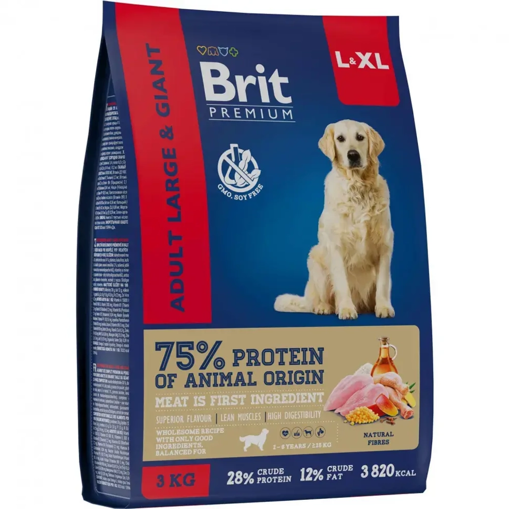 Brit premium dog adult large and giant сухой корм для взрослых собак крупных и гигантских пород с курицей - 3 кг
