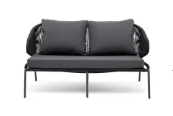 "Милан" диван 2-местный плетеный из роупа, каркас алюминий темно-серый (RAL7024) муар, роуп темно-серый круглый, ткань темно-серая 027