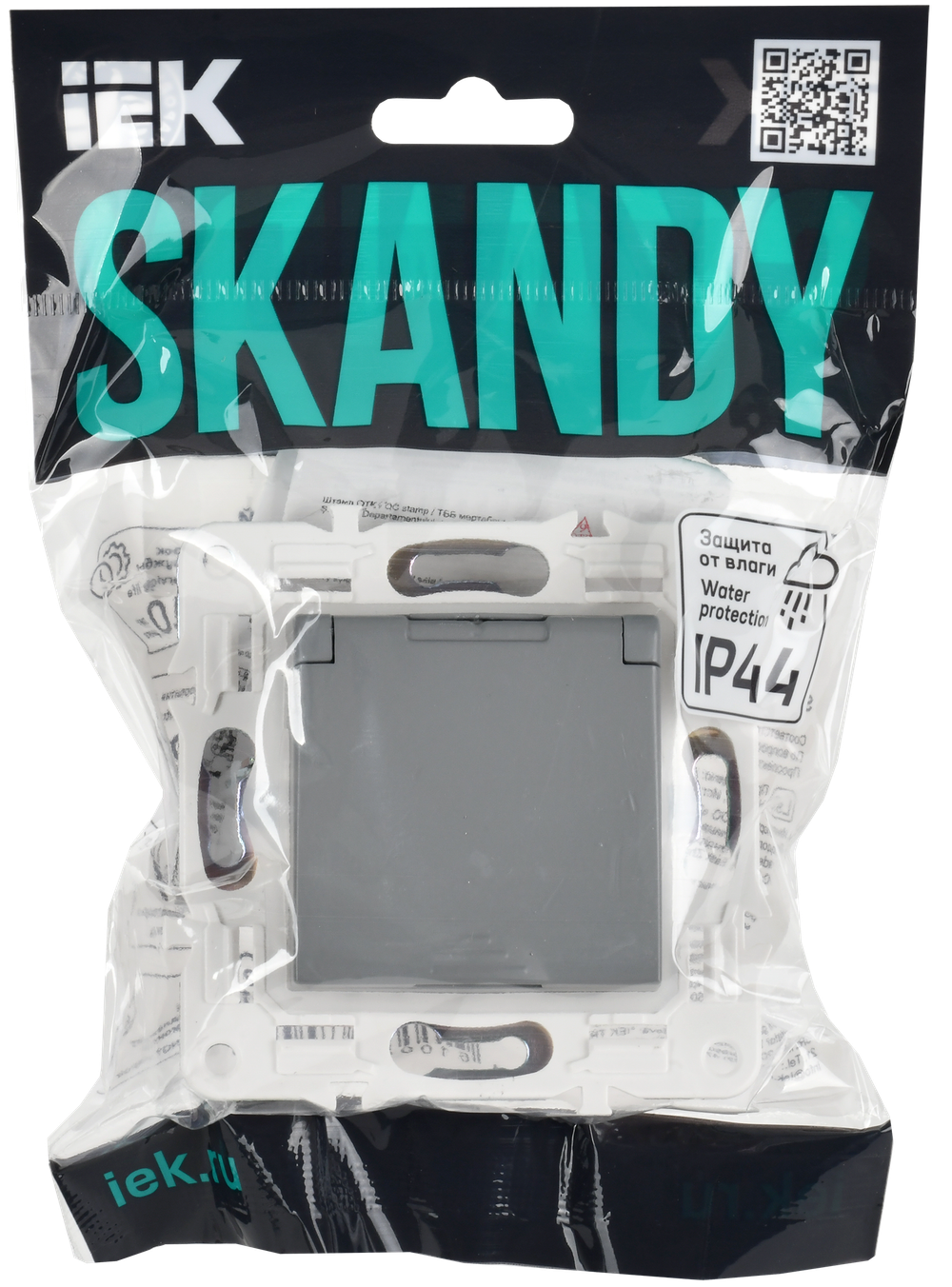 SKANDY Розетка 1-местная с заземлением с защитными шторками и крышкой 16А IP44 SK-R11Gr серый IEK