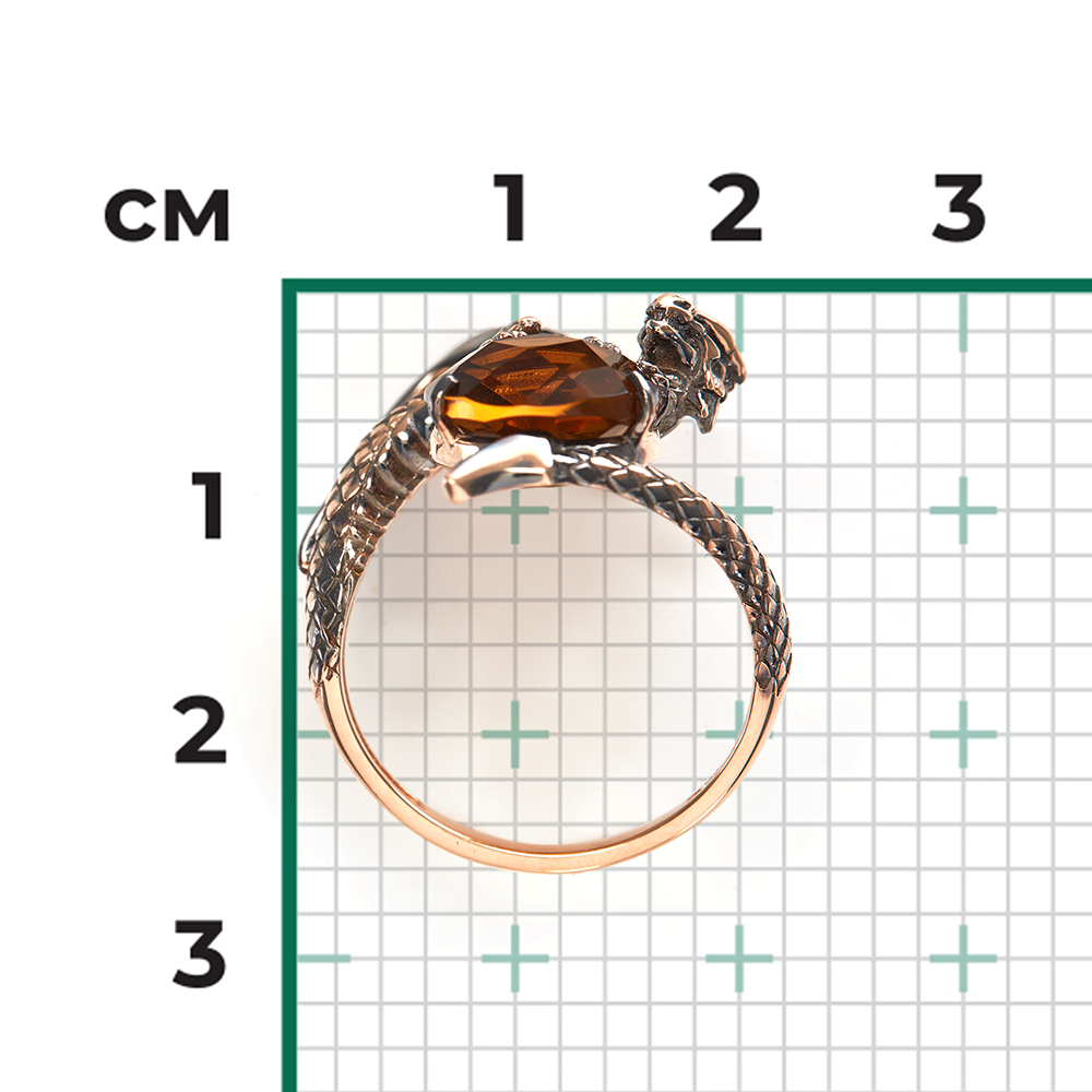 Кольцо «Дракон» из красного золота с цитрином и кварцем дымчатым