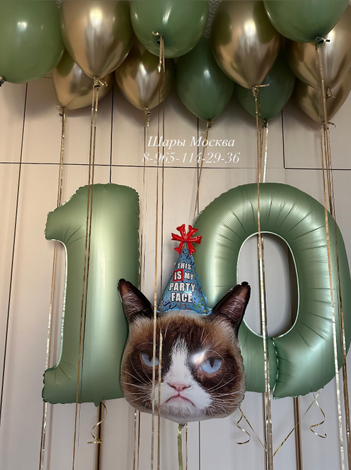 Сердитый кот с цифрами и воздушными шарами