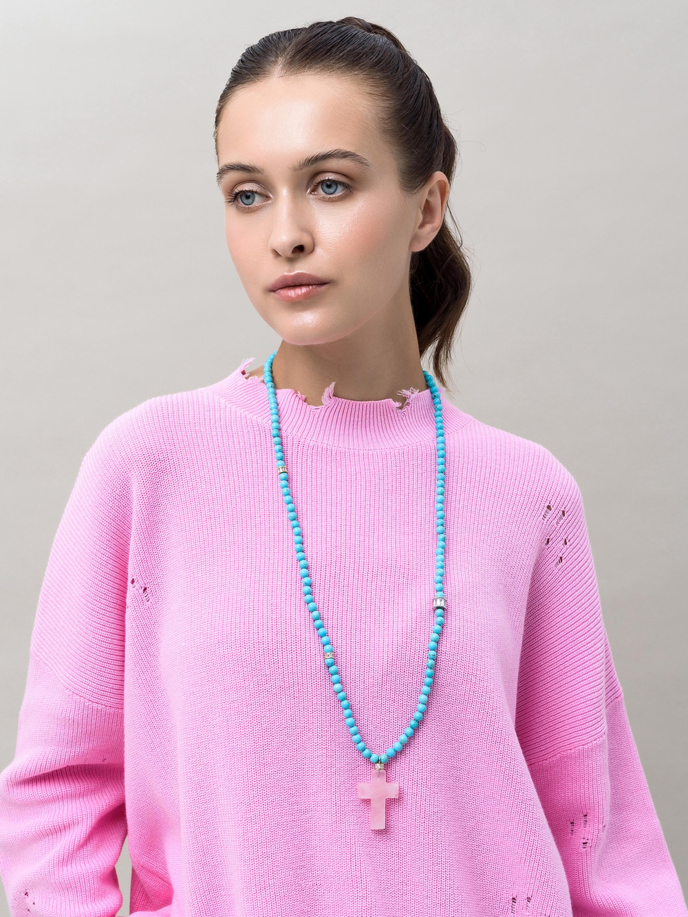 Колье Stone Cross из турквенита с розовым кварцем