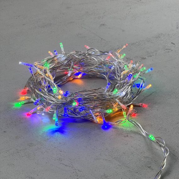 Светодиодная нить 100 разноцветных LED ламп с мерцанием, 10 м., 24В, прозрачный провод ПВХ, LTC (PST100BLW-10-1M)