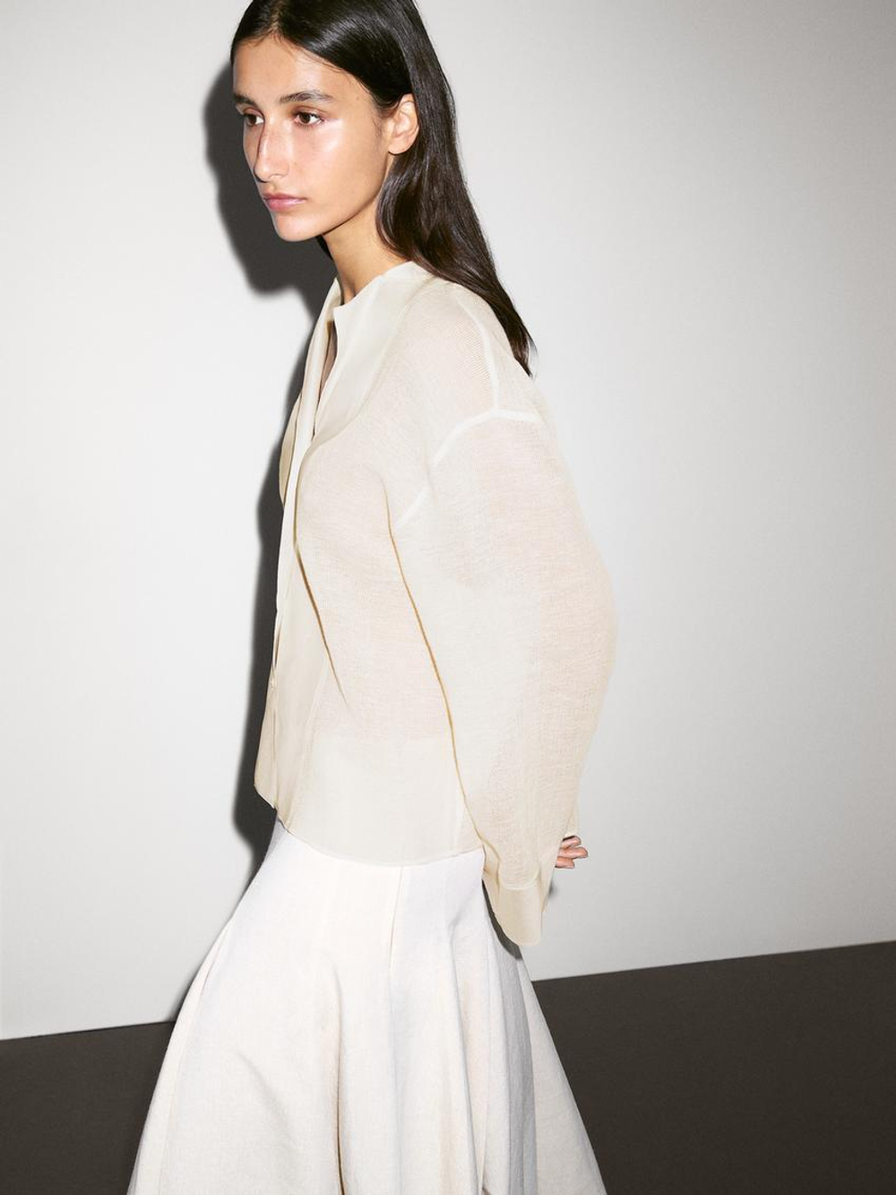 Massimo Dutti Блуза из смесового хлопка с деталью из ткани, бежевый