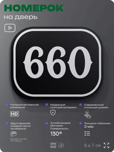 Номерок на дверь квартиры 660, для кабинета, офиса, шильдик 9 х 7 см, черный, Айдентика Технолоджи