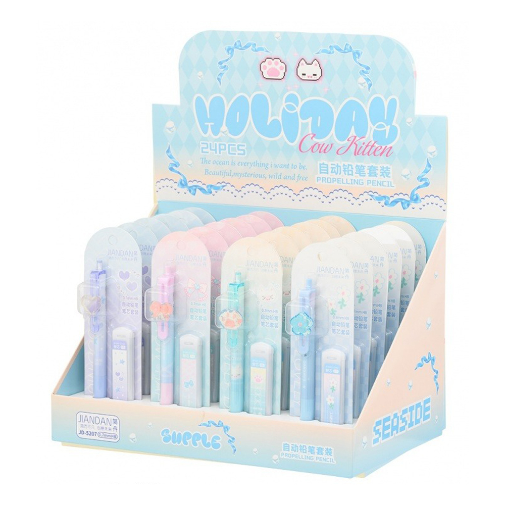 Карандаш автоматический, чернографитный, JIANDAN, с запасными грифелями, 4 цвета корпуса с лапками и бантиками, 24 шт