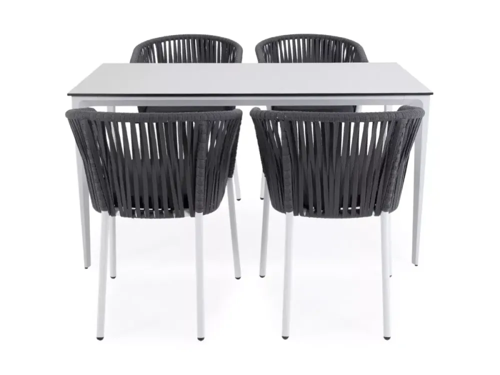 "Малага" обеденная группа на 4 персоны со стульями "Бордо", каркас белый, роуп серый