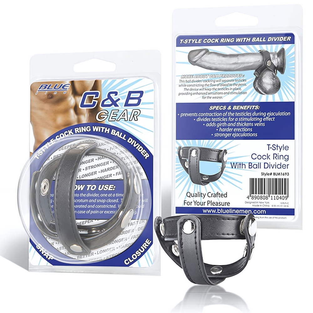Кольцо на пенис с разделителем мошонки из искусственной кожи на клепках T-STYLE COCK RING (Цвет: черный)