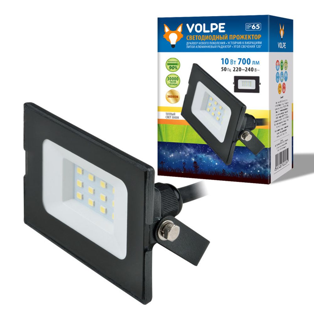 ULF-Q513 10W/3000K IP65 220-240В BLACK Прожектор светодиодный. Теплый белый свет (3000К). Корпус черный. TM Volpe.