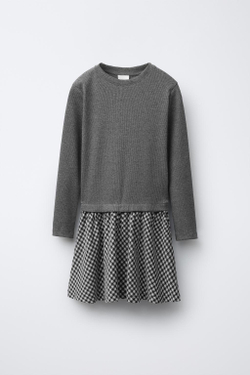 ZARA КОМБИНИРОВАННОЕ ПЛАТЬЕ В РУБЧИК С ЮБКОЙ В КЛЕТКУ, ЭКРЮ/ЧЕРНЫЙ