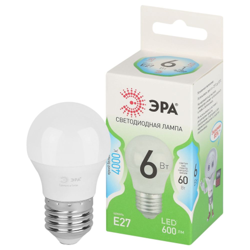 Лампа светодиодная ЭРА GREEN LINE LED P45-6W-840-E27 GL 6Вт шар яркий белый свет E27 | Лампы cветодиодные