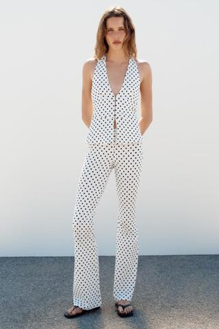 ZARA РАСКЛЕШЕННЫЕ БРЮКИ СТРЕТЧ В ГОРОШЕК, БЕЛЫЙ/ЧЕРНЫЙ