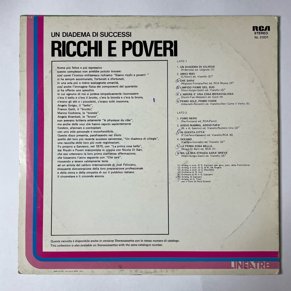 Винтажная виниловая пластинка LP Ricchi E Poveri Un Diadema Di Successi Богатые и Бедные (Italy 1976)