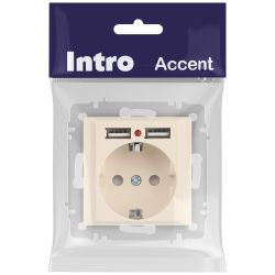 Розетка Intro Accent 6-410-02 с заземлением 2P+E Schuko со шторками 16А-250В + 2хUSB IP20 СУ слоновая кость