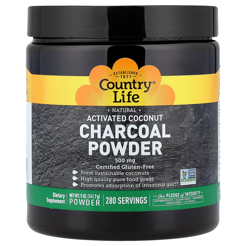 Country Life, Активированный кокосовый уголь в порошке, 500 мг, 141,7 г (5 унций)