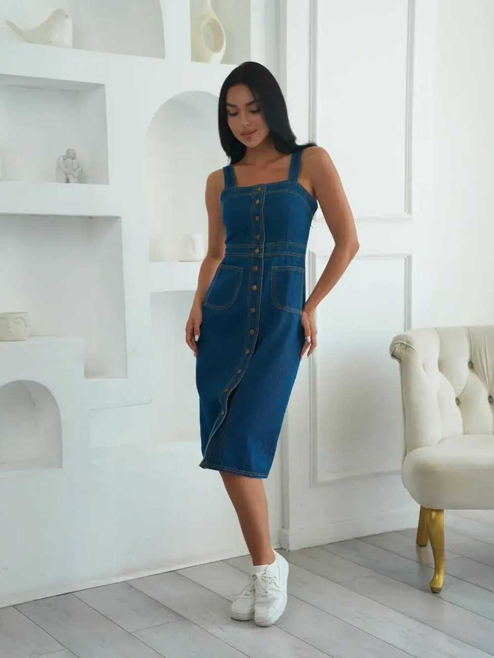 Платье сарафан джинсовый с открытыми плечами летний