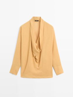 Massimo Dutti Блуза из струящейся ткани с драпированным вырезом, горчично-желтый