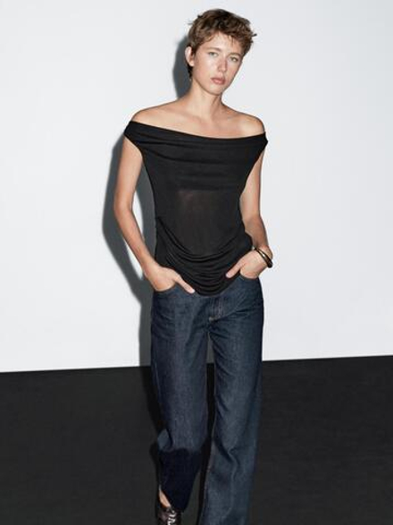 Massimo Dutti Топ с драпировкой и струящимся вырезом, черный