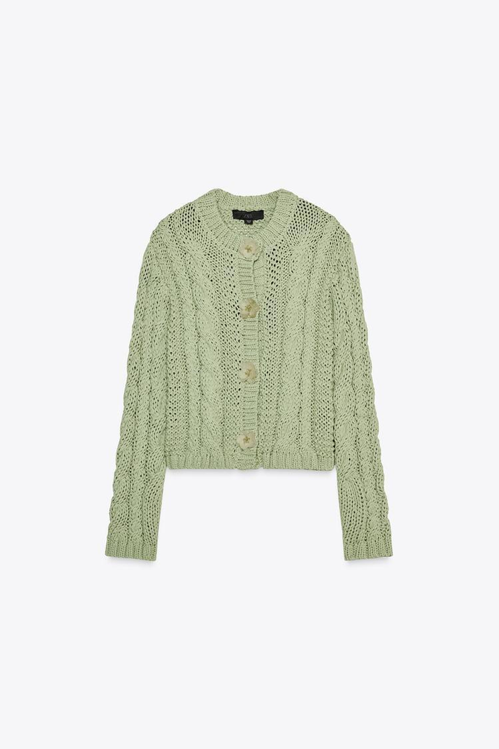 ZARA КАРДИГАН С ПУГОВИЦАМИ В ФОРМЕ ЦВЕТОВ, СВЕТЛО-ЗЕЛЕНЫЙ