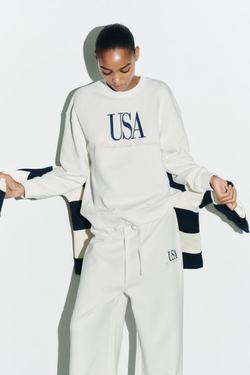 ZARA ТОЛСТОВКА С НАДПИСЬЮ, ЭКРЮ