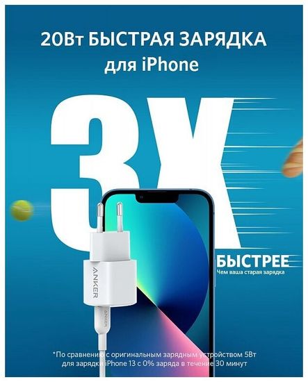 Сетевое зарядное устройство ANKER PowerPort 3 Nano 20W, 20 Вт, белый