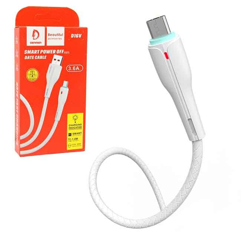 Кабель USB - Micro DENMEN D16V 3.6A (белый) 1м