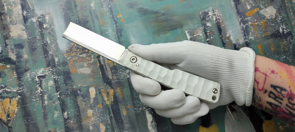 Складной фрикционный EDC нож Shokuroff knives "Я не бритва" белая G10