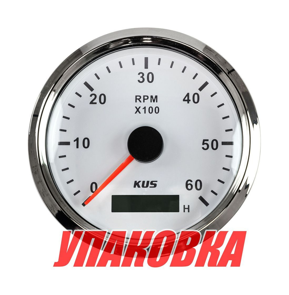 Тахометр 0-6000 об/мин со счетчиком моточасов делитель 0.5-250, белый циферблат, нержавеющий ободок (упаковка из 30 шт.)