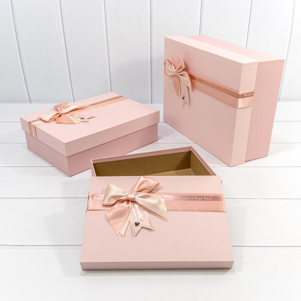 Коробка 33.5х25х11.5 см Набор 3 шт с двойным бантом (Персиковый)