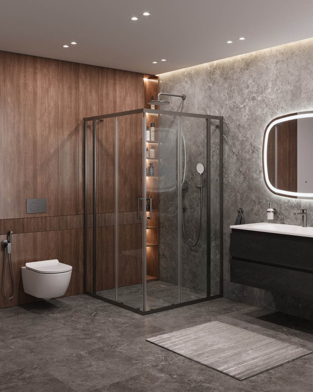 Душевой уголок Cezares MOLVENO-A-22-90+30-C-GM-IV, 120х120х195, профиль оружейная сталь, прозрачное стекло