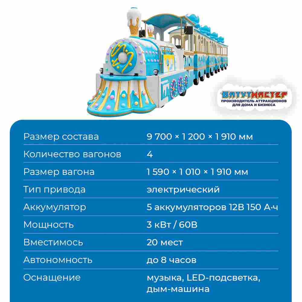 Детские аттракционы паровозик «Страна Мороженого», 4 вагона, 20 мест