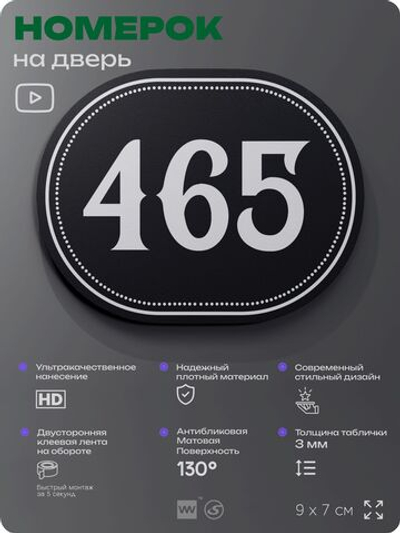 Номерок на дверь квартиры 465, для кабинета, офиса, шильдик 9 х 7 см, черный, Айдентика Технолоджи
