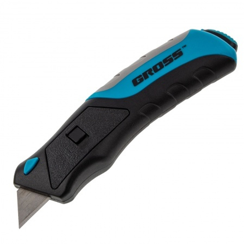 78879 Нож строительный, трехкомп. рукоятка, кнопочный автовыброс/возврат лезвия, 175 мм, 5 зап.лезв, Gross---