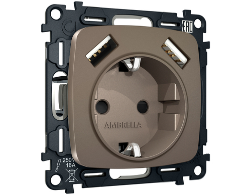 MO639010 Комплект механизма электрической розетки OMEGA Темная бронза матовый 2USB A+A 18W (быстрая зарядка) с/з QUANT (OP6390, VM155)