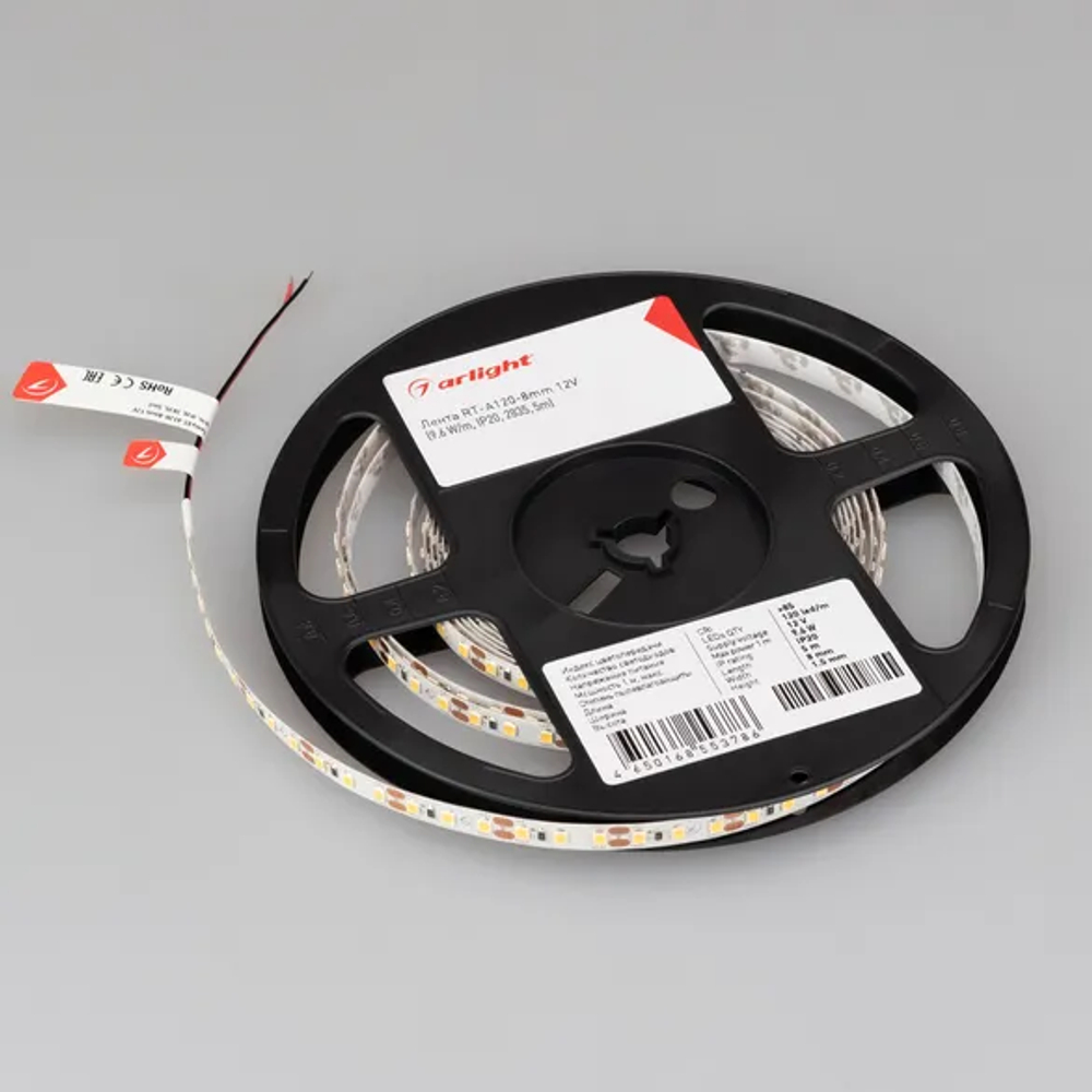 Светодиодная лента RT-A120-8mm 12V Warm3500 (9.6 W/m, IP20, 2835, 5m) (Arlight, Открытый) 034446