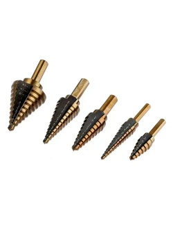 Набор ступенчатых сверл по металлу с титановым покрытием в кейсе 5шт, трехгранный хвостовик/сверла по металлу