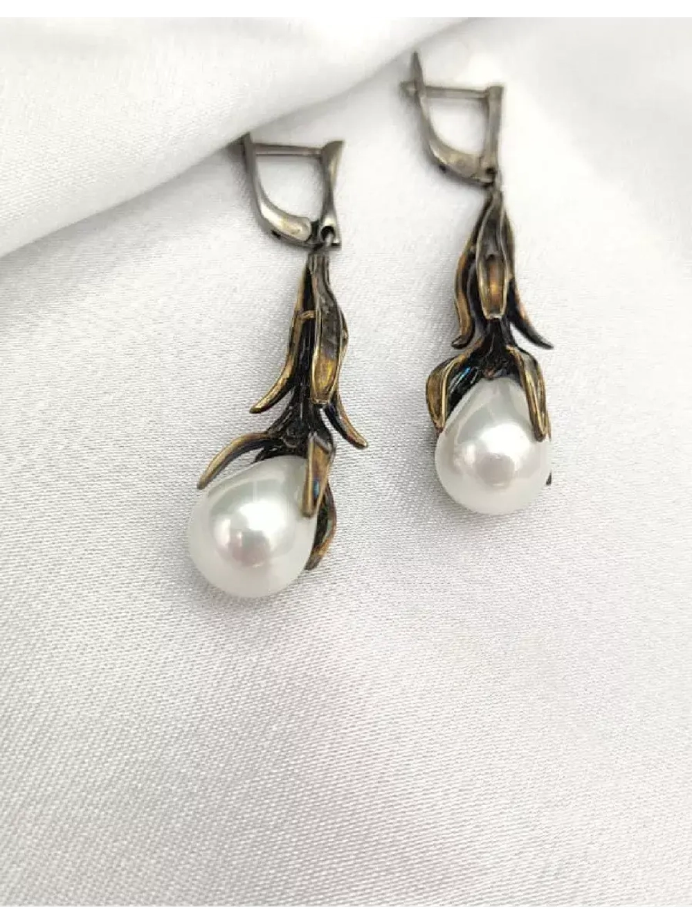 Серьги длинные жемчуг, серебро 925