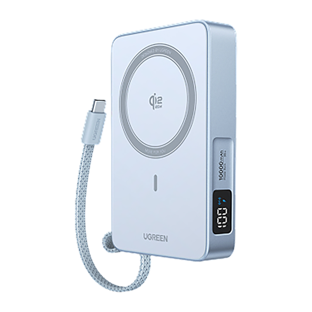 Внешний аккумулятор MagSafe со встроенным кабелем Ugreen MagFlow (Qi2.2) (10000 мА·ч) (PB773) Беспроводная зарядка: Qi 25 Вт. Проводная зарядка: USB-C, встроенный кабель USB-C. Сертификация Qi2. Есть дисплей, поддержка PD 3.0, QC 3.0, PPS, AFC, SCP и FCP.