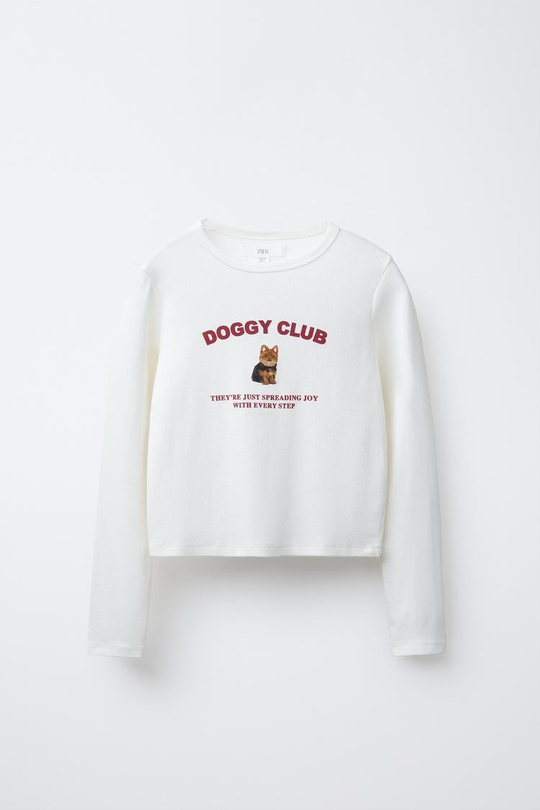 ZARA ФУТБОЛКА В РУБЧИК С ПРИНТОМ, БЕЛЫЙ