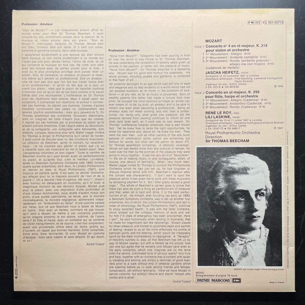 Моцарт - Концерт №4 для скрипки с оркестром, Концерт для Флейты И Арфы (Франция 1980г.)