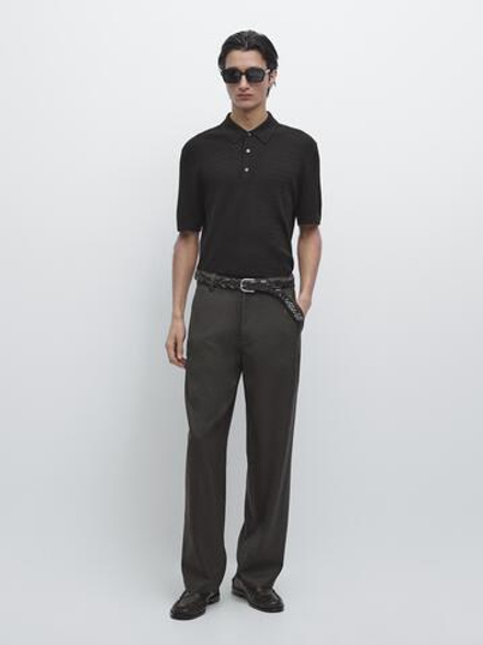 Massimo Dutti Трикотажный свитер-поло из мериносовой шерсти, черный